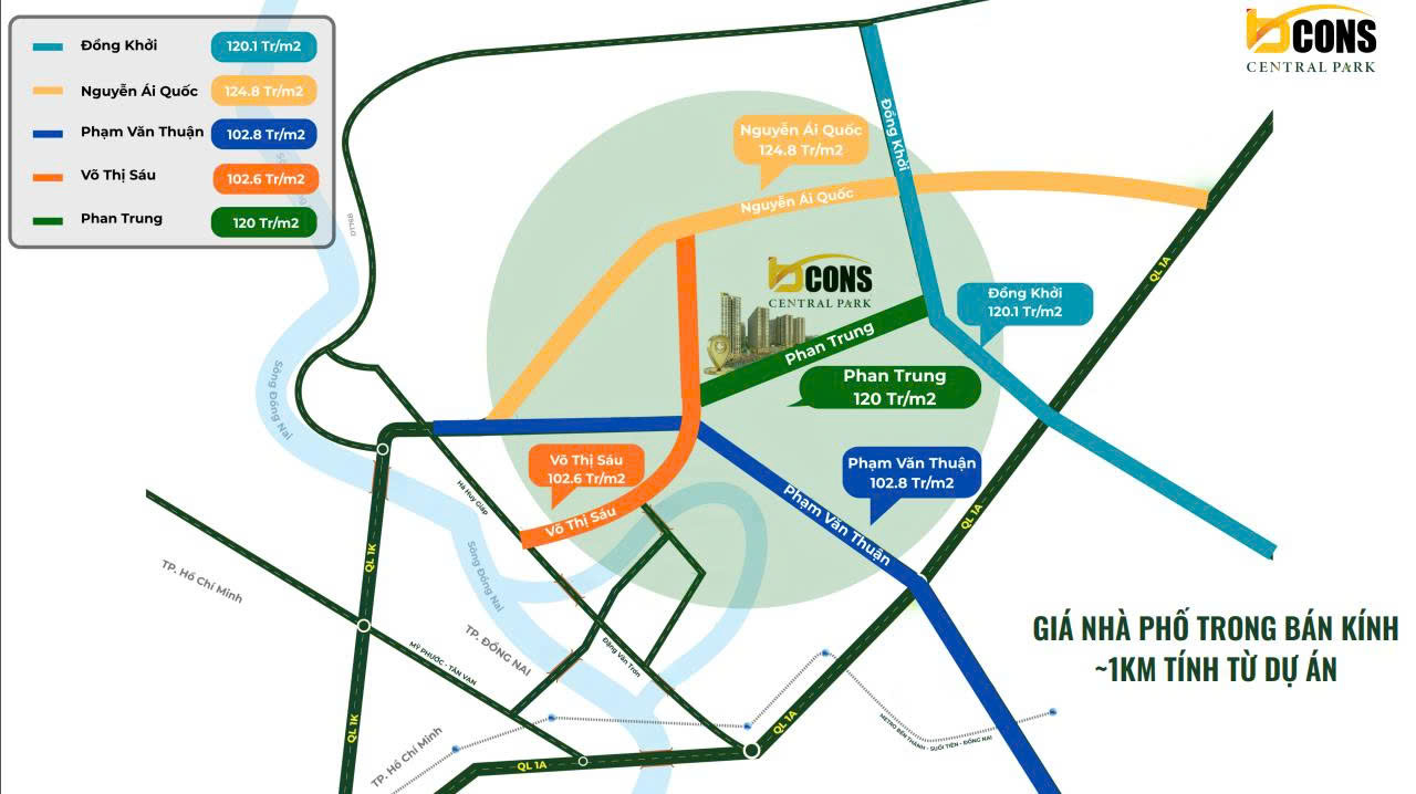 Bảng giá đất 1 số tuyền đường gần dự án Bcons Central Park 